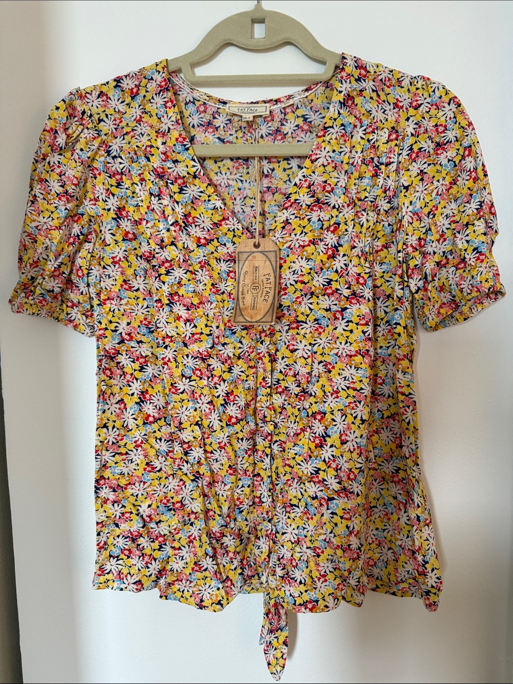 NWT: Fat Face Yellow Floral Tie-Front Blouse with Multicolor Daisies